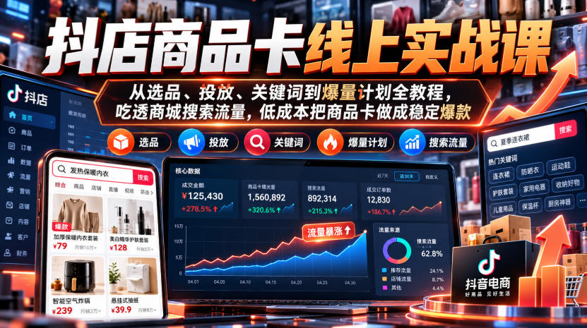 抖店商品卡线上实战课｜从选品、投放、关键词到爆量计划全教程，吃透商城搜索流量，低成本把商品卡做成稳定爆款-梦清研习社