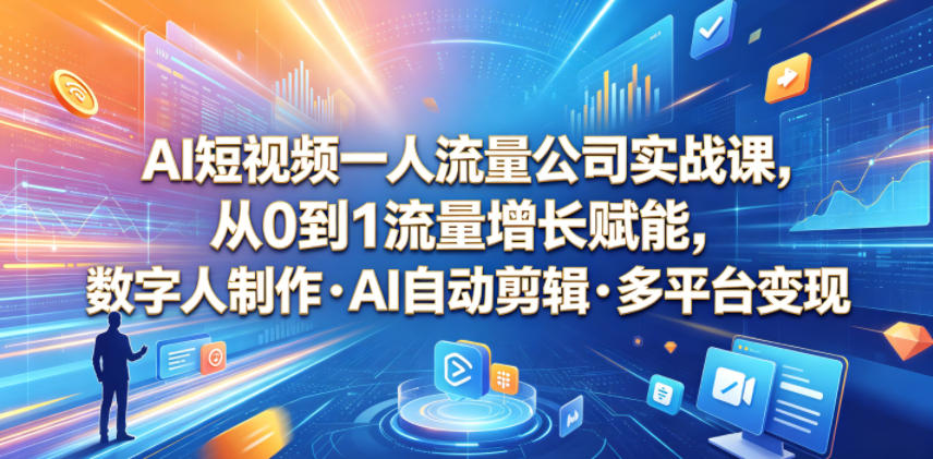 AI短视频一人流量公司实战课，从0到1流量增长赋能，数字人制作・AI自动剪辑・多平台变现，一人做流量生意全落地教程-梦清研习社