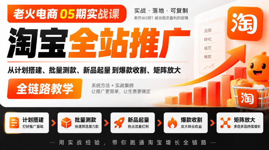 老火电商05期实战课｜淘宝全站推广从计划搭建、批量测款、新品起量到爆款收割、矩阵放大全链路教学-梦清研习社