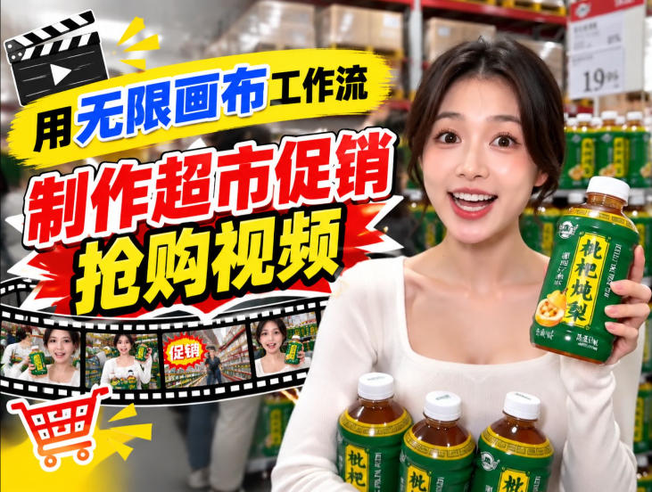 无限画布超市促销抢购视频工作流，一键产出TikTok抖音带货短视频-梦清研习社