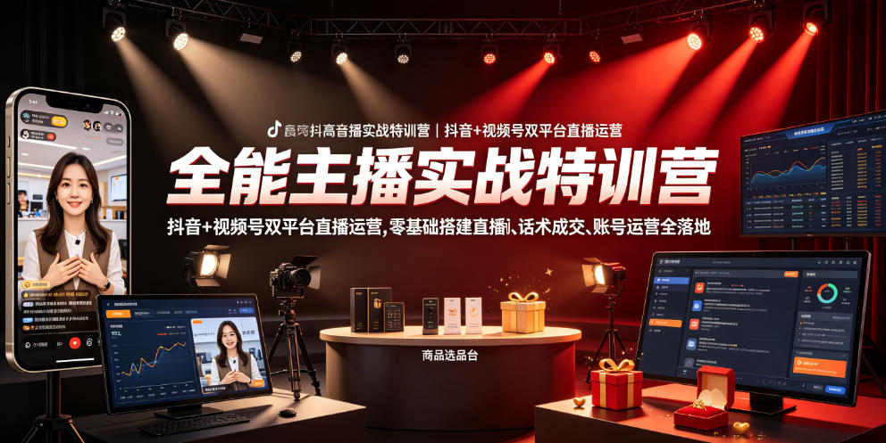 全能主播实战特训营｜抖音+视频号双平台直播运营，零基础搭建直播间、精准选品、话术成交、账号运营全落地-梦清研习社