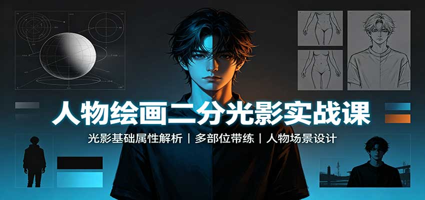 人物绘画二分光影实战课：光影基础属性解析，多部位带练，人物场景设计-梦清研习社