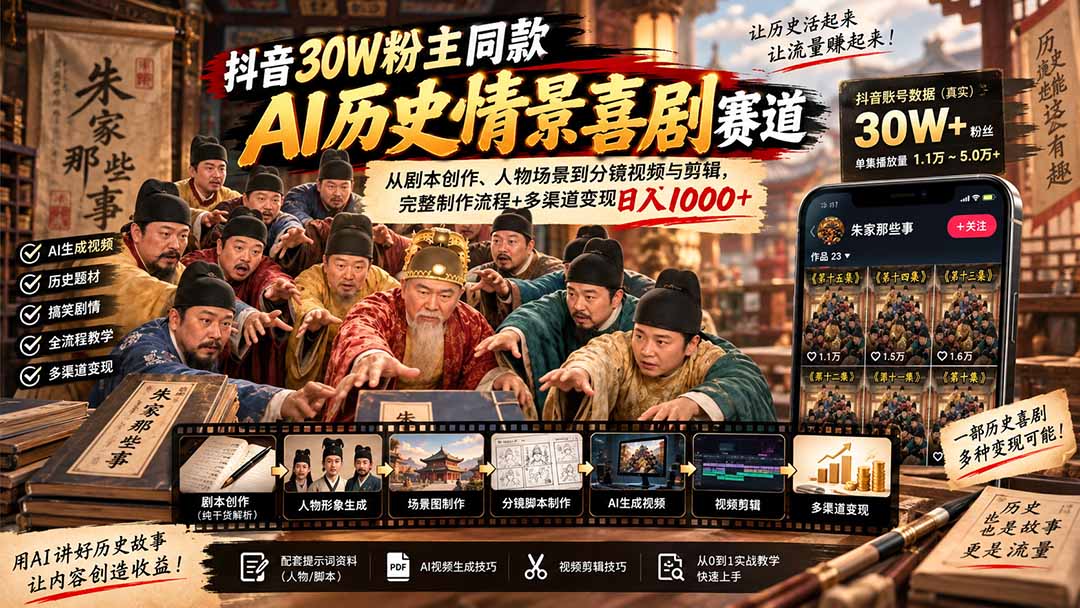 抖音30W粉博主同款AI历史情景喜剧赛道：从剧本创作、人物场景到分镜视频与剪辑，完整制作流程+多渠道变现日入1000+-梦清研习社