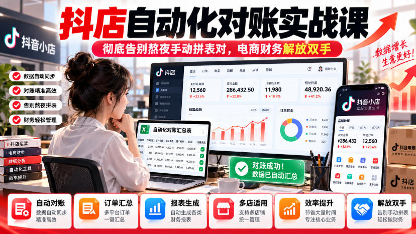 抖店自动化对账实战课，彻底告别熬夜手动拼表对，账电商财务解放双手-梦清研习社