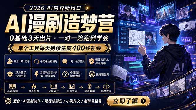 AI漫剧造梦营：0基础3天出片，单个工具每天持续生成400秒视频-梦清研习社
