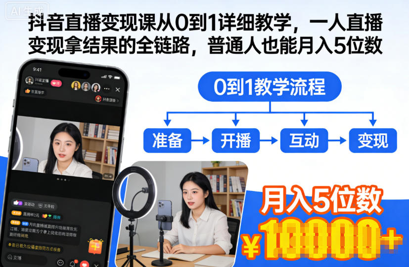 抖音直播变现课从0到1详细教学，一人直播变现拿结果的全链路，普通人也能月入5位数-梦清研习社