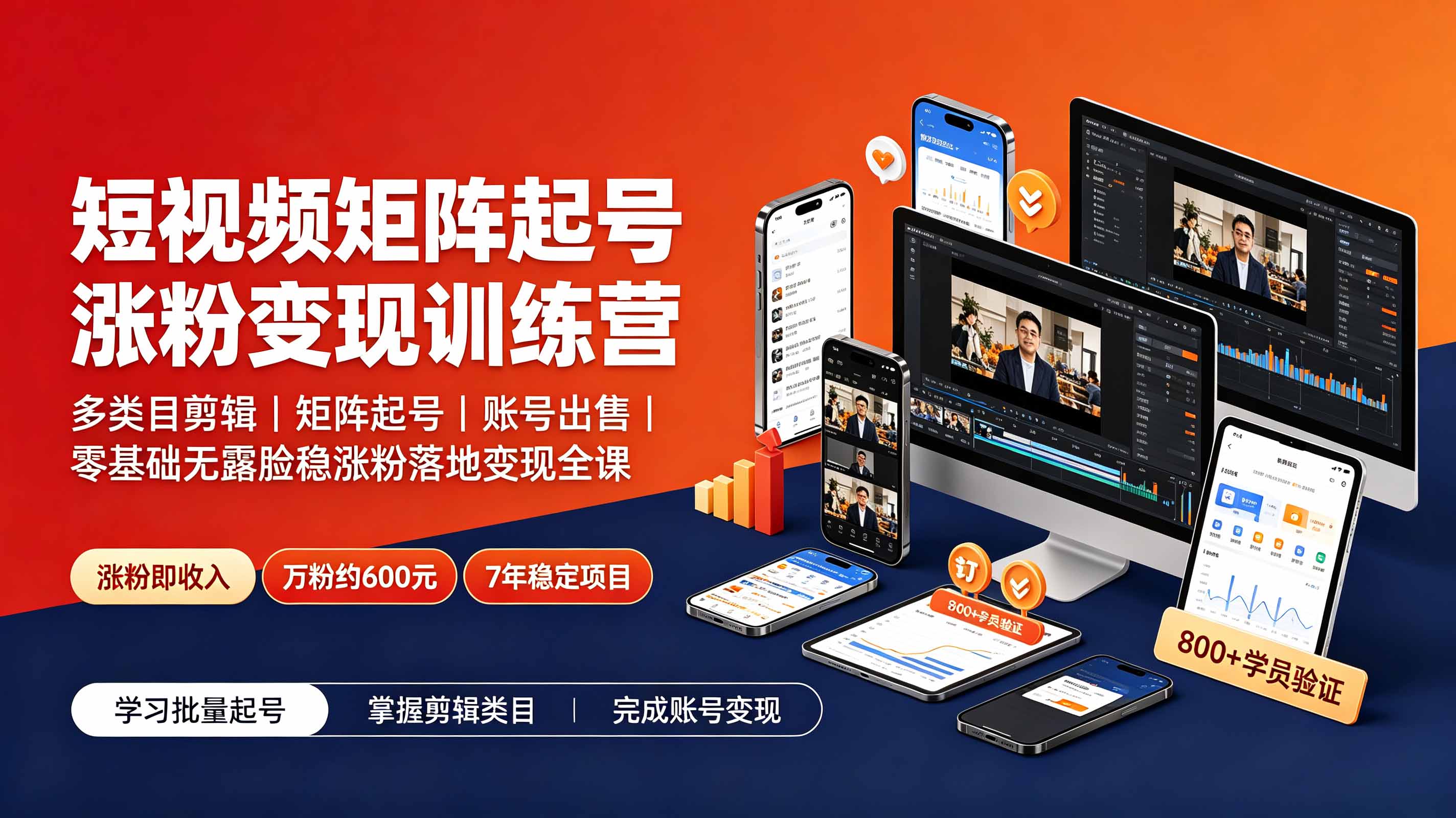 短视频矩阵起号涨粉变现训练营｜多类目剪辑·矩阵起号·账号出售，零基础无露脸稳涨粉落地变现全课-梦清研习社