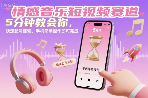 情感音乐短视频赛道，5分钟教会你，快速起号涨粉，手机简单操作即可完成-梦清研习社