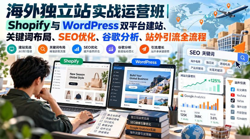海外独立站实战运营班｜Shopify与WordPress双平台建站、关键词布局、SEO优化、谷歌分析、站外引流全流程-梦清研习社
