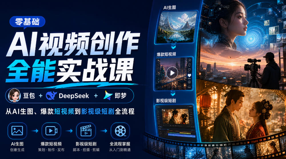 零基础AI视频创作全能实战课｜豆包+DeepSeek+即梦，从AI生图、爆款短视频到影视级短剧全流程-梦清研习社