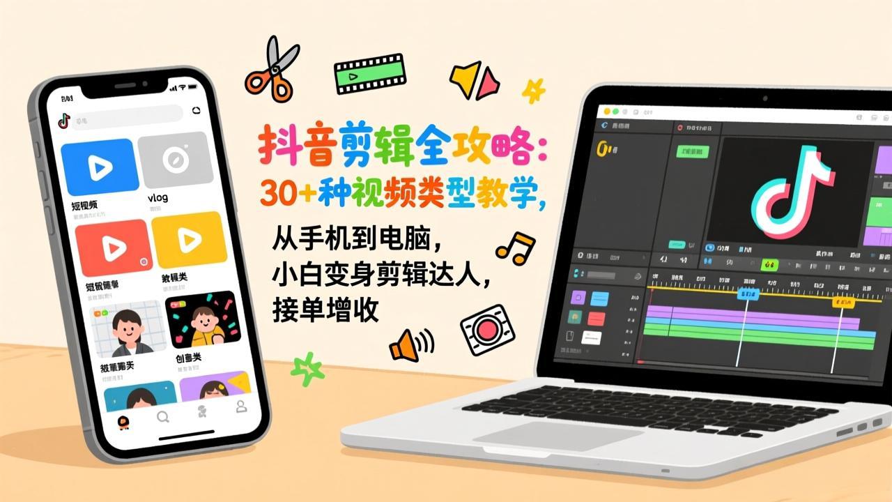 抖音剪辑全攻略：30+种视频类型教学，从手机到电脑，小白变身剪辑达人，接单增收-梦清研习社