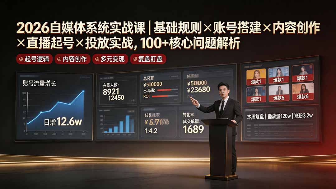 2026自媒体系统实战课｜基础规则×账号搭建×内容创作×直播起号×投放实战，100+核心问题解析-梦清研习社