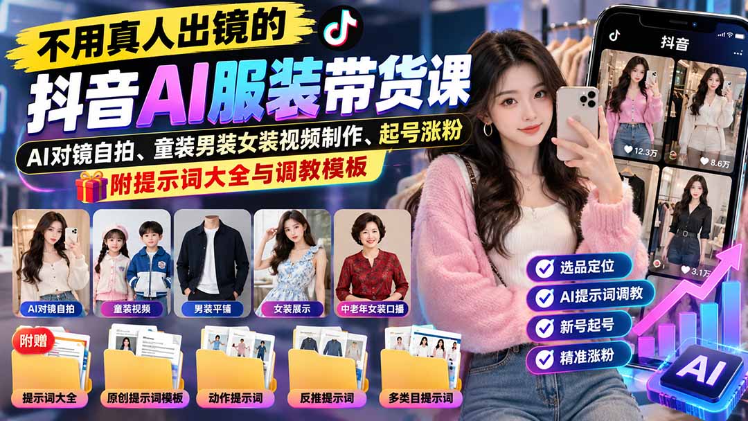 不用真人出镜的抖音AI服装带货课：AI对镜自拍、童装男装女装视频制作、起号涨粉，附提示词大全与调教模板-梦清研习社