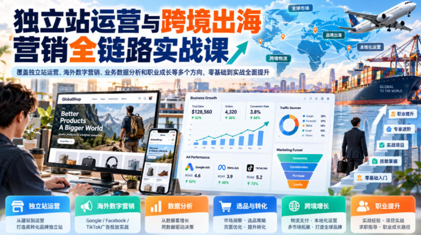 独立站运营与跨境出海营销全链路实战课，覆盖独立站运营、海外数字营销、业务数据分析和职业成长等多个方向，零基础到实战全面提升-梦清研习社