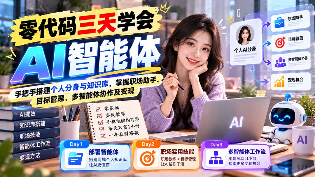 【无水印】零代码三天学会AI智能体：手把手搭建个人分身与知识库，掌握职场助手、目标管理、多智能体协作及变现-梦清研习社