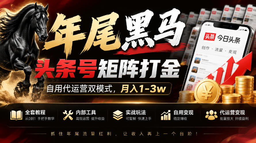【年尾黑马】头条号矩阵打金，自用代运营双模式，月入1-3w，附全套教程及内部工具【揭秘】-梦清研习社