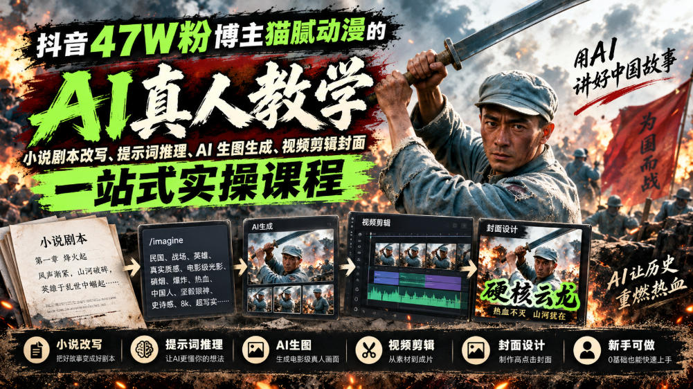 抖音47W粉博主猫腻动漫的AI真人漫剧教学，小说剧本改写、提示词推理、AI生图生成、视频剪辑封面一站式实操课程-梦清研习社