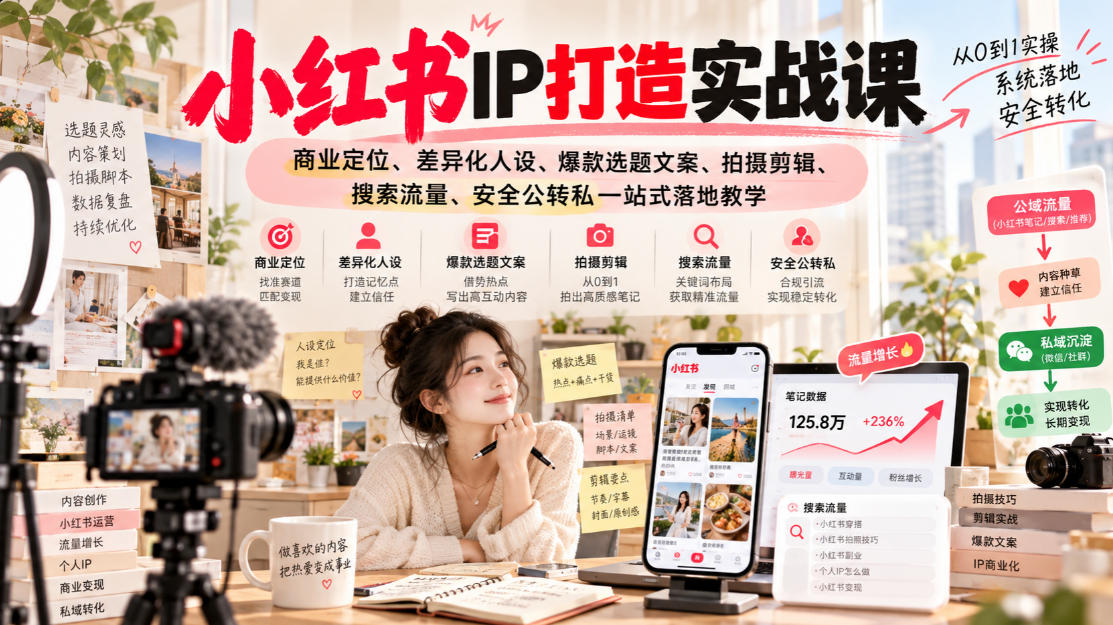 小红书ip打造实战课，商业定位、差异化人设、爆款选题文案、拍摄剪辑、搜索流量、安全公转私一站式落地教学-梦清研习社