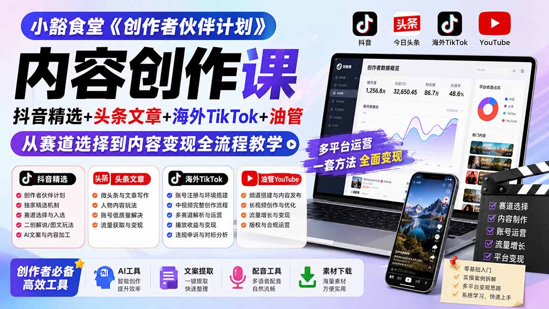 小豁食堂《创作者伙伴计划》内容创作课：抖音精选+头条文章+海外TikTok+油管，从赛道选择到内容变现全流程教学-梦清研习社