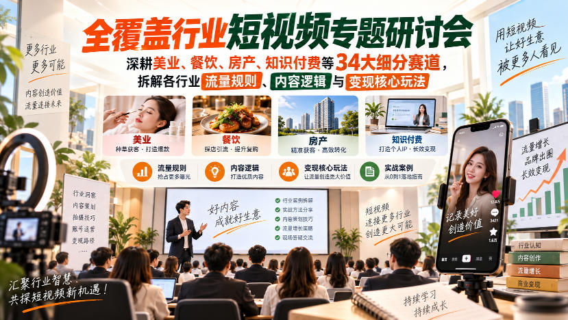 短视频专题研讨会，深耕美业、餐饮、房产、知识付费等34大细分赛道，拆解各行业流量规则、内容逻辑与变现核心玩法-梦清研习社