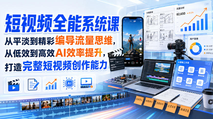 短视频全能系统课，从平淡到精彩编导流量思维，从低效到高效AI效率提升，打造完整短视频创作能力(2026年8月30更新233集)-梦清研习社