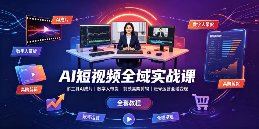 AI短视频全域实战课｜多工具AI成片、数字人带货、剪映高阶剪辑、账号运营全域变现全套教程-梦清研习社