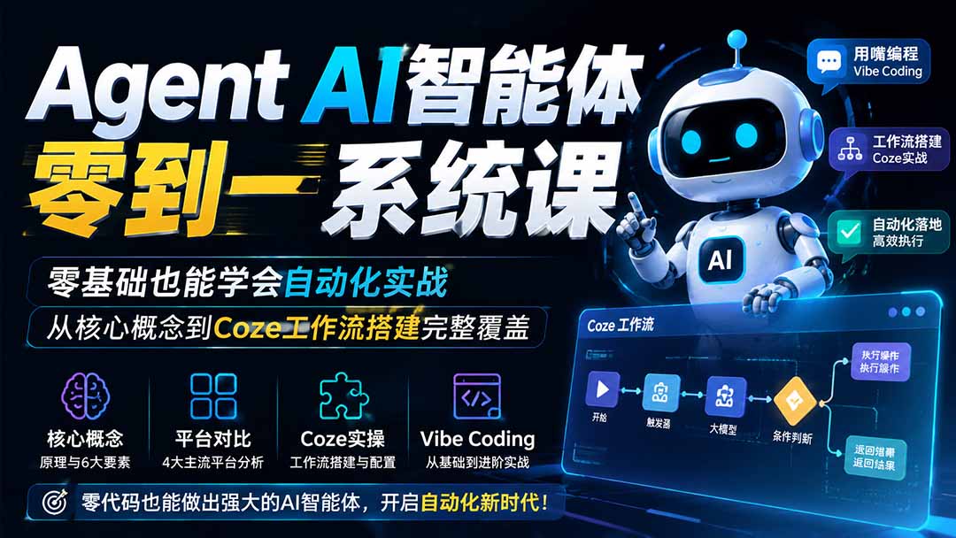 Agent AI智能体零到一系统课；零基础也能学会自动化实战，从核心概念到Coze工作流搭建完整覆盖-梦清研习社