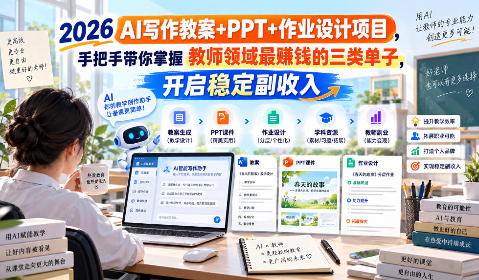 2026 AI写作教案+PPT+作业设计项目，手把手带你掌握教师领域最賺钱的三类单子，开启稳定副收入-梦清研习社