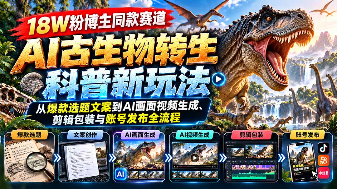 18W粉博主同款赛道-AI古生物转生科普新玩法：从爆款选题文案到AI画面视频生成、剪辑包装与账号发布全流程-梦清研习社