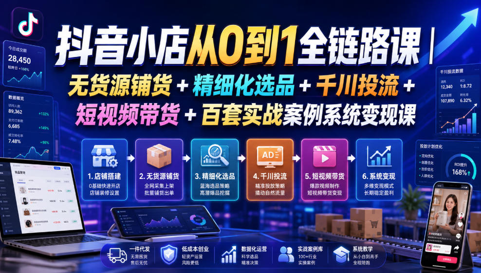 抖音小店从0到1全链路课|无货源铺货+精细化选品+千川投流+短视频带货+百套实战案例系统变现课(2026年7月更新)-梦清研习社
