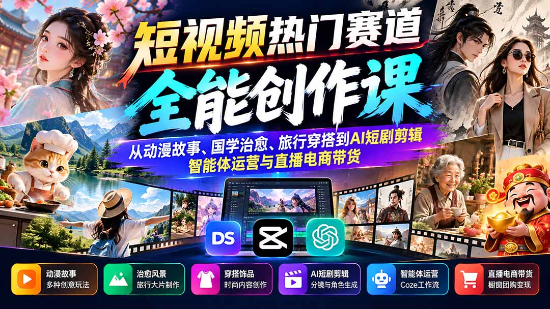 短视频热门赛道全能创作课：从动漫故事、国学治愈、旅行穿搭到AI短剧剪辑、智能体运营与直播电商带货-梦清研习社