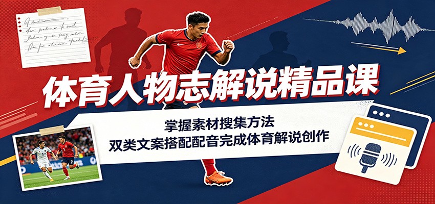 体育人物志解说精品课：掌握素材搜集方法，双类文案搭配配音完成体育解说创作-梦清研习社