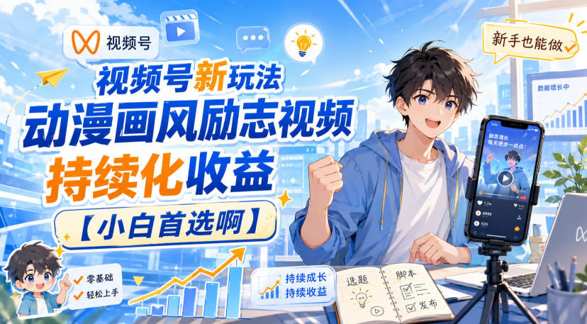 视频号新玩法动漫画风励志视频，持续化收益【小白首选啊】-梦清研习社