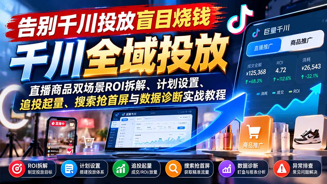 告别千川投放盲目烧钱：直播商品双场景ROI拆解、计划设置、追投起量、搜索抢首屏与数据诊断实战教程-梦清研习社