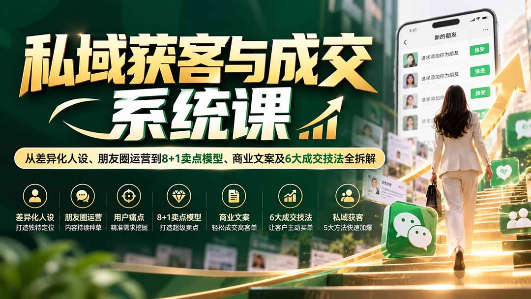 私域获客与成交系统课：从差异化人设、朋友圈运营到8+1卖点模型、商业文案及6大成交技法全拆解-梦清研习社