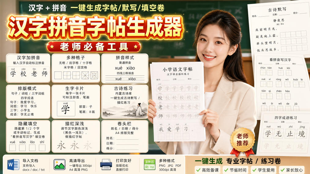 学习神器，汉字拼音字帖生成器，汉字+拼音 一键生成字帖/默写/填空卷，支持词组、成语，老师、家长必备-梦清研习社