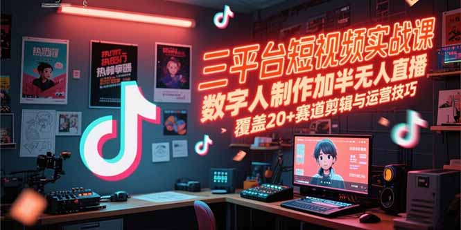三平台短视频实战课，数字人制作加半无人直播，覆盖20+赛道剪辑与运营技巧-梦清研习社