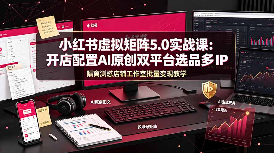 小红书虚拟矩阵5.0实战课：开店配置｜AI原创｜双平台选品｜多IP隔离｜测怼店铺工作室批量变现实操教学-梦清研习社
