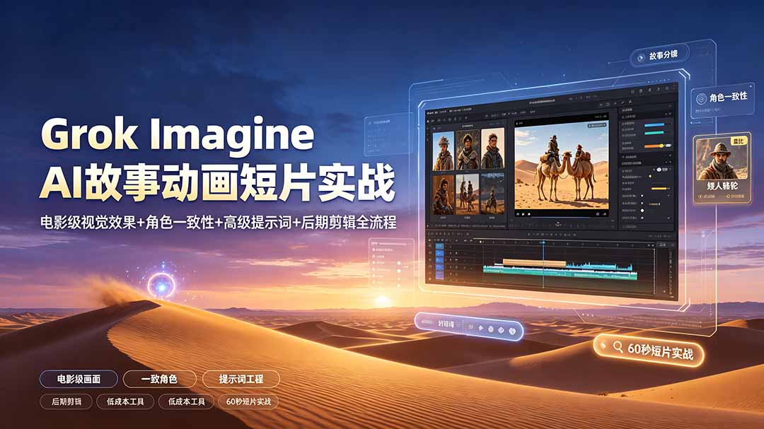 Grok Imagine AI故事动画短片实战：电影级视觉效果+角色一致性+高级提示词+后期剪辑全流程-梦清研习社