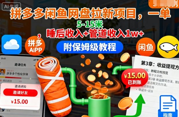 拼多多闲鱼网盘拉新项目,一单5-15米,睡后收入+管道收入1w+(附保姆级教程)-梦清研习社