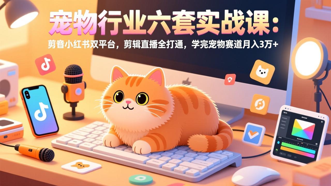 宠物行业六套实战课：抖音小红书双平台，剪辑直播全打通，学完宠物赛道月入3万+-梦清研习社