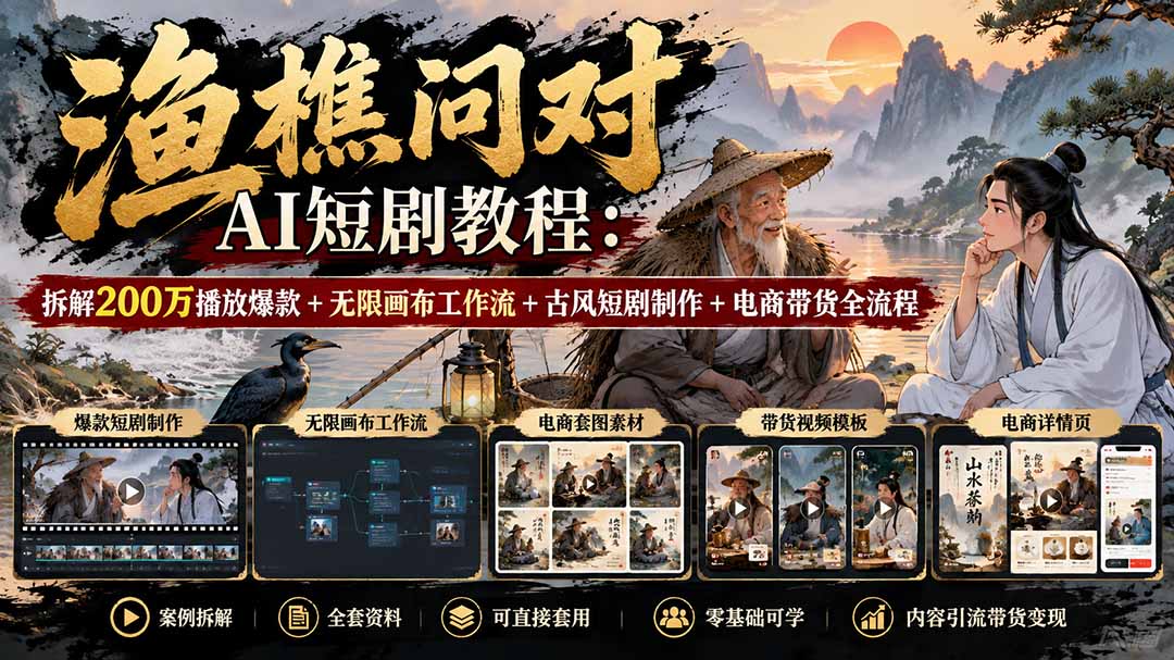 【无水印】渔樵问对AI短剧教程：拆解200万播放爆款+无限画布工作流+古风短剧制作+电商带货全流程-梦清研习社