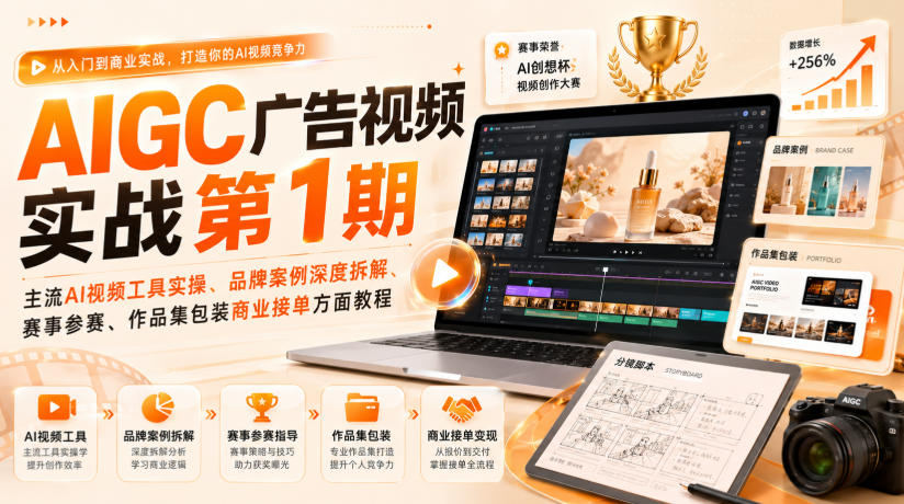 AIGC广告视频实战第1期,主流AI视频工具实操、品牌案例深度拆解、赛事参赛、作品集包装商业接单方面教程-梦清研习社