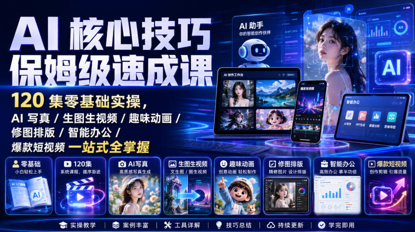 AI核心技巧保姆级速成课｜120集零基础实操，AI写真/生图生视频/趣味动画/修图排版/智能办公/爆款短视频一站式全掌握(更新)-梦清研习社