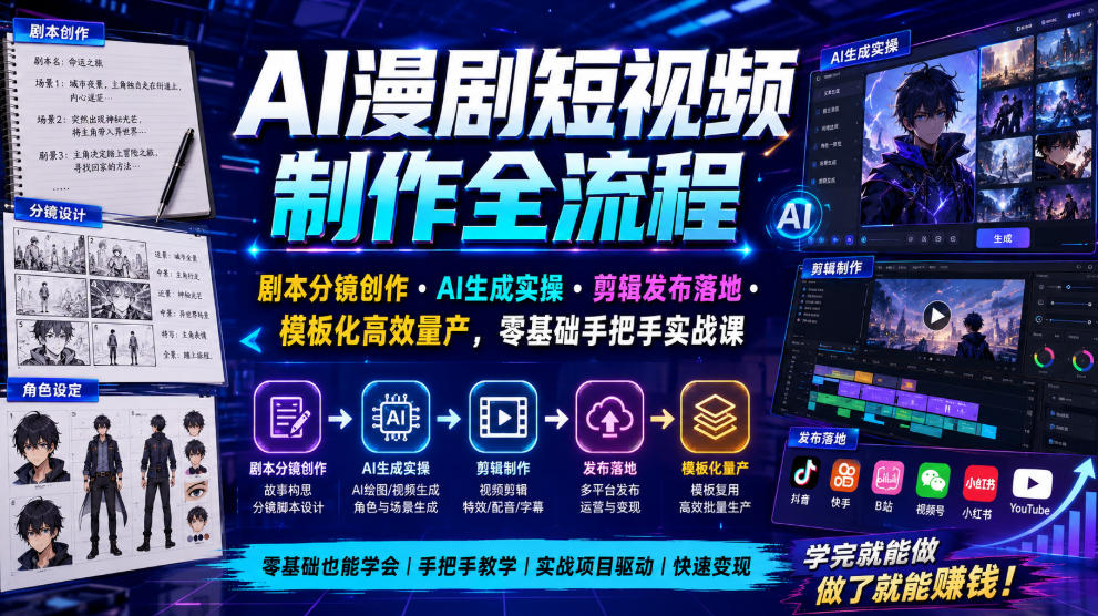 AI漫剧短视频制作全流程｜剧本分镜创作・AI生成实操・剪辑发布落地・模板化高效量产，零基础手把手实战课-梦清研习社
