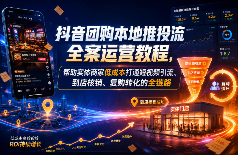 抖音团购本地推投流全案运营教程，帮助实体商家低成本打通短视频引流、到店核销、复购转化的全链路-梦清研习社