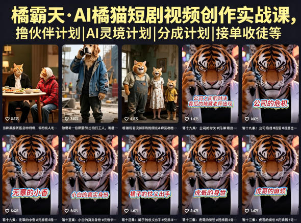 橘霸天·AI橘猫短剧视频创作实战课，撸伙伴计划|AI灵境计划|分成计划|接单收徒等-梦清研习社