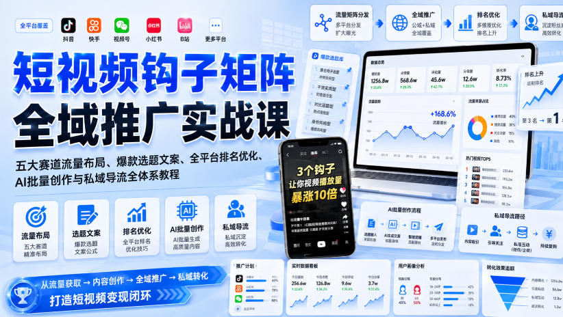 短视频钩子矩阵全域推广实战课｜五大赛道流量布局、爆款选题文案、全平台排名优化、AI批量创作与私域导流全体系教程-梦清研习社