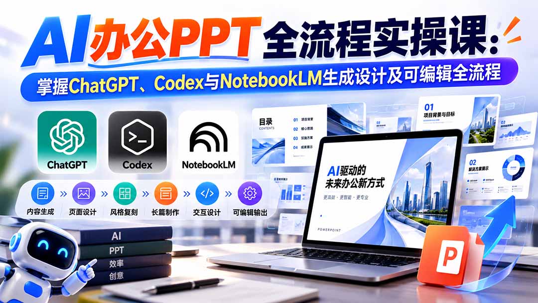 【无水印】AI办公PPT全流程实操课: 掌握ChatGPT、Codex与NotebookLM生成设计及可编辑全流程-梦清研习社