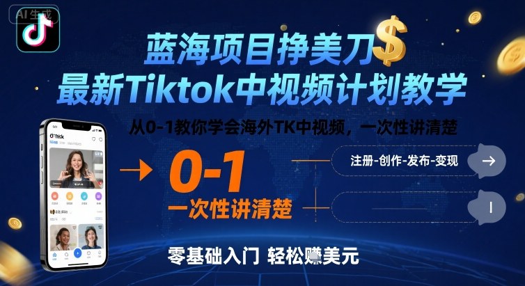 蓝海项目挣美刀，最新Tiktok中视频计划教学，从0-1教你学会海外TK中视频，一次性讲清楚-梦清研习社